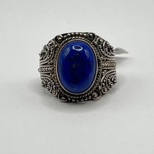 Sterling Silver Lapis Lazuli Ring Ornate‎ Bali Design Size 10 - 925 Indonesia